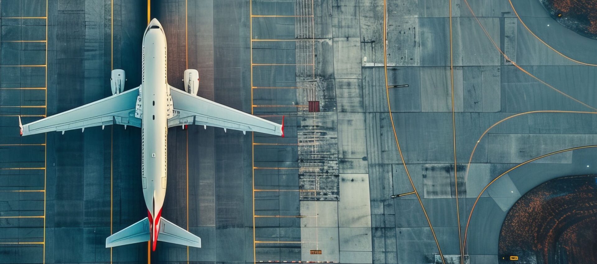 An aerial view of a large passenger airplane parked on a tarmac, surrounded by marked parking spaces.